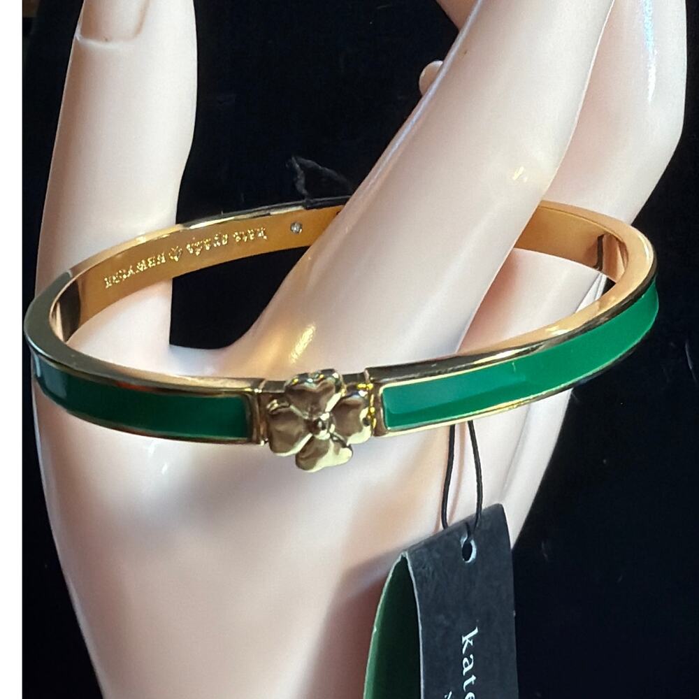 Kate Spade Glover Green & Gold Hinged Bangle Bracelet Classic Stacking Jewelry